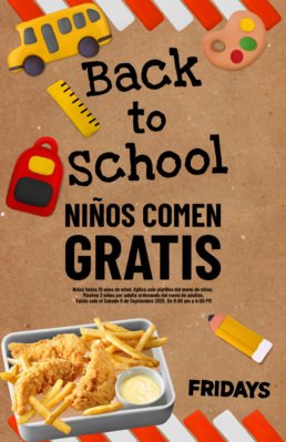 n cartel de promoción de TGI Fridays con ilustraciones de útiles escolares como un autobús, una mochila y un lápiz. El texto dice:
