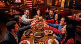 Un grupo de colegas sonriendo y brindando con cocteles en una mesa llena de comida, celebrando su posada en un restaurante TGI Fridays.