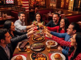 Un grupo de colegas sonriendo y brindando con cocteles en una mesa llena de comida, celebrando su posada en un restaurante TGI Fridays.