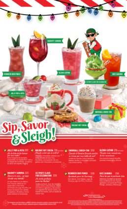 Menú de temporada Holiday Flavor en Fridays Tijuana con diseño gráfico estilo esquema técnico colorido.