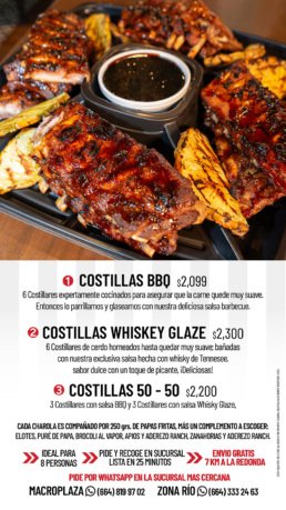 Menú de Charolas para Fiestas de TGI Fridays Tijuana. Paquetes de Costillas, Alitas Buffalo y Boneless ideales para 8 personas. Disponibles para llevar, servicio a domicilio y pick-up en sucursales Zona Río y Macroplaza.