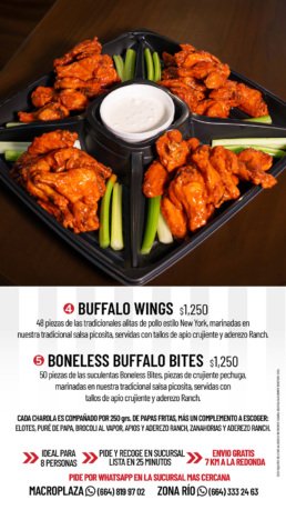 Menú de Charolas para Fiestas de TGI Fridays Tijuana. Paquetes de Costillas, Alitas Buffalo y Boneless ideales para 8 personas. Disponibles para llevar, servicio a domicilio y pick-up en sucursales Zona Río y Macroplaza.