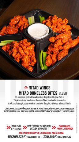Menú de Charolas para Fiestas de TGI Fridays Tijuana. Paquetes de Costillas, Alitas Buffalo y Boneless ideales para 8 personas. Disponibles para llevar, servicio a domicilio y pick-up en sucursales Zona Río y Macroplaza.