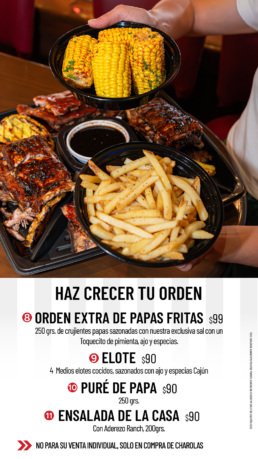 Menú de Charolas para Fiestas de TGI Fridays Tijuana. Paquetes de Costillas, Alitas Buffalo y Boneless ideales para 8 personas. Disponibles para llevar, servicio a domicilio y pick-up en sucursales Zona Río y Macroplaza.