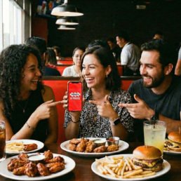 Tres amigos riendo en una mesa de TGI Fridays mientras una mujer muestra la App de Rewards en su celular y los demás la señalan con entusiasmo.