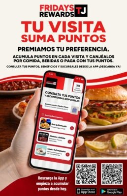 Banner promocional de Fridays TJ Rewards que muestra un celular con la app abierta, destacando beneficios como bono de bienvenida, premios en alimentos y bebidas, y promociones de cumplea&ntilde;os.