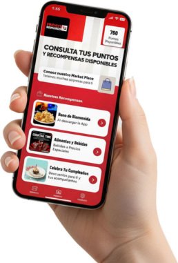 Mockup de una mano sosteniendo un smartphone con la pantalla de la aplicación Fridays TJ Rewards abierta, mostrando un saldo de 760 puntos y opciones de recompensas.