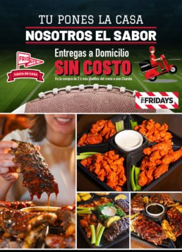 Promoci&oacute;n de comida para el S&uacute;per Partido en TGI Fridays Tijuana. Charolas de Alitas y Costillas BBQ con env&iacute;o a domicilio gratis. Texto: T&uacute; pones la casa, nosotros el sabor.