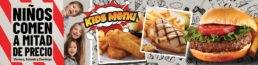 Banner publicitario de TGI Fridays Tijuana anunciando que l@s ni&ntilde;@s comen a mitad de precio los viernes, s&aacute;bados y domingos. Muestra platillos como hamburguesas y pollo preparados al momento.