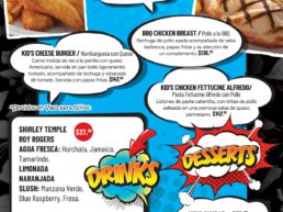 Menú infantil Stars Menu de TGI Fridays Tijuana con opciones de hamburguesas, dedos de pollo, pasta fettuccine y opciones saludables como vegetales al vapor. Incluye bebidas, malteadas y postres.