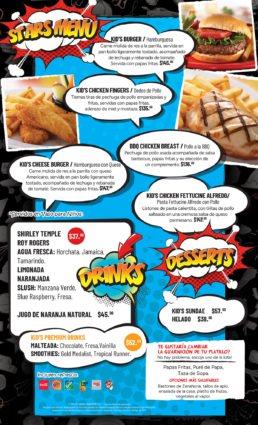 Men&uacute; infantil Stars Menu de TGI Fridays Tijuana con opciones de hamburguesas, dedos de pollo, pasta fettuccine y opciones saludables como vegetales al vapor. Incluye bebidas, malteadas y postres.