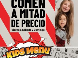 Promoción de TGI Fridays Tijuana donde l@s niñ@s comen a mitad de precio viernes, sábado y domingo. Se muestran opciones de hamburguesas, tiras de pollo y papas fritas frescas.