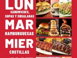 Póster promocional para celulares de Fridays Daily Specials en TGI Fridays Tijuana. Muestra el calendario de platillos a mitad de precio de 11:00 am a 5:00 pm: Lunes de sándwiches, sopas y ensaladas; Martes de hamburguesas jugosas; Miércoles de costillas calientitas; Jueves de pastas hechas a la orden. Incluye contactos para Ordena y Recoge con Fridays To Go en Macroplaza y Zona Río.