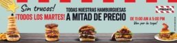 Promoci&oacute;n de hamburguesas a mitad de precio los martes de 11:00 AM a 5:00 PM en TGI Fridays Tijuana, preparadas al momento de la orden del hu&eacute;sped.