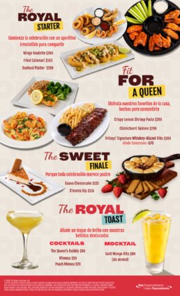 Menú detallado del Día de las Madres en Fridays Tijuana con platillos como Chimichurri Salmon, Whiskey-Glazed Ribs y Seafood Platter.
