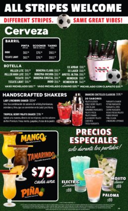 Men&uacute; de bebidas de TGI Fridays United titulado All Stripes Welcome. Muestra una cubeta con cervezas heladas, opciones de cerveza de barril y botella, cocteles artesanales en Shaker, Mezcalitas Suavecitas a 69 pesos y Electric Lemonade a 59 pesos con precios especiales durante los partidos de soccer.