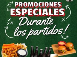 Banner móvil de TGI Fridays United con el texto Promociones Especiales Durante los partidos. Muestra una cubeta de cervezas con hielo, hamburguesas pequeñas, boneless con papas fritas y cocteles sobre un fondo verde de cancha de fútbol.