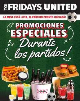 Banner m&oacute;vil de TGI Fridays United con el texto Promociones Especiales Durante los partidos. Muestra una cubeta de cervezas con hielo, hamburguesas peque&ntilde;as, boneless con papas fritas y cocteles sobre un fondo verde de cancha de f&uacute;tbol.