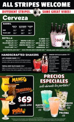 Men&uacute; de bebidas de TGI Fridays United titulado All Stripes Welcome. Muestra una cubeta con cervezas heladas, opciones de cerveza de barril y botella, cocteles artesanales en Shaker, Mezcalitas Suavecitas a 69 pesos y Electric Lemonade a 59 pesos con precios especiales durante los partidos de soccer.