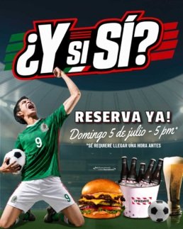 Gr&aacute;fico publicitario en formato 4:5 vertical titulado &iquest;Y si S&Iacute;? &iexcl;RESERVA YA! para el domingo 5 de julio a las 5 pm en TGI Fridays Tijuana. Muestra a un jugador de f&uacute;tbol celebrando con un bal&oacute;n en la cancha, y abajo una hamburguesa doble con queso calientita hecha al instante, una cubeta de cervezas heladas y un tarro de cerveza de barril.